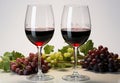 AI generated illustration of wine glasses, grapes, and foliage arranged on a white background Royalty Free Stock Photo