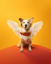 AI generated illustration of a winged dog as an angel on a yellow background Royalty Free Stock Photo