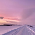 AI-generated illustration of a winter road, purple and cloudy sky background