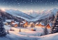 AI generated illustration of a wintery mountain village with traditional houses and lush pine trees