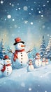 many snowmen in a snowy landscape with trees and snow