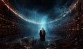 AI generated illustration of a wizard in front of a digital display with a binary code pattern