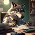 AI generated illustration from wolf accountant siting in office
