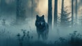 AI generated illustration of a wolf prowls a misty forest at night Royalty Free Stock Photo