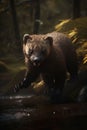 AI generated illustration of a wolverine in a river in a lush forest Royalty Free Stock Photo