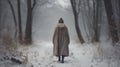 AI-generated illustration of a woman in a coat strolling along a pristine snowy path. Royalty Free Stock Photo