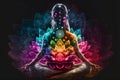 AI generated illustration of woman Doing Yoga with Lotus Flowers and Chakra Gradient Colors Royalty Free Stock Photo