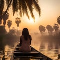 AI-generated illustration of a woman enjoying a peaceful moment while seated in a boat on a lake Royalty Free Stock Photo