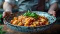 AI generated illustration of a woman holding a plate of pasta topped with fresh basil