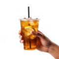 AI generated illustration of a woman holding a tall glass of iced tea with a slice of lemon