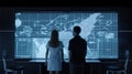 AI generated illustration of a woman and a man studying a map on a futuristic computer screen Royalty Free Stock Photo