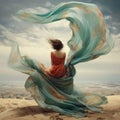 AI generated illustration of a woman in an orange and blue flowing dress at the top of a hill Royalty Free Stock Photo