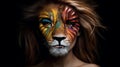 AI generated illustration of a woman with a painted a lion mask on the black background