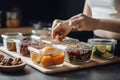 AI generated illustration of a woman preparing a healthy meal, with a variety of food containers