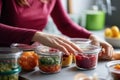 AI generated illustration of a woman preparing a healthy meal, with a variety of food containers