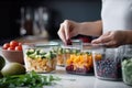 AI generated illustration of a woman preparing a healthy meal, with a variety of food containers