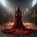 AI generated illustration of A woman in a red dress at the altar with the row of burning candles Royalty Free Stock Photo