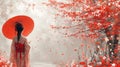 woman holding red umbrella walking on path under blossom tree in the rain Royalty Free Stock Photo