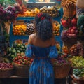 AI generated illustration of a woman seen from behind, shopping in fruit and vegetable market