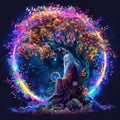 AI generated illustration of a woman sits under a tree with rainbow leaves, moon in background Royalty Free Stock Photo