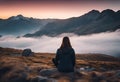 AI generated illustration of a woman sitting and meditating on a green mountaintop at sunset Royalty Free Stock Photo