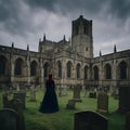 AI-generated illustration of a woman standing in a cemetery of an old Gothic church Royalty Free Stock Photo