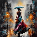 AI generated illustration of a woman with an umbrella strolls in the rain Royalty Free Stock Photo