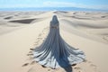 AI generated illustration of a woman wearing a long, navy blue dress striding across a desert