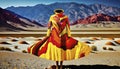 AI Generated illustration from woman yellow and red dress in desert in center