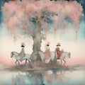 AI generated illustration of women with three horses riding by a tree near water