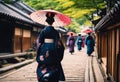 AI generated illustration of women wearing traditional Japanese kimonos, walking down a street