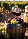 AI generated illustration of a wooden barrel filled with fresh, ripe grapes, and two glasses Royalty Free Stock Photo