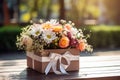 AI generated illustration of a wooden bench with a box featuring a vibrant bouquet of flowers Royalty Free Stock Photo