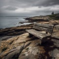 AI generated illustration of a wooden bench on a rocky outcrop overlooking a picturesque landscape Royalty Free Stock Photo