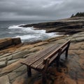 AI generated illustration of a wooden bench on a rocky outcrop overlooking a picturesque landscape Royalty Free Stock Photo