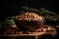 AI generated illustration of a wooden board with a bowl of cooked chickpeas