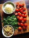 AI generated illustration of a wooden board with a variety of freshly cooked pasta and tomatoes