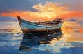 AI generated illustration of a wooden boat floating peacefully in a tranquil body of water at sunset Royalty Free Stock Photo