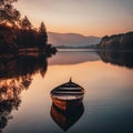 AI generated illustration of a wooden boat in a lake at golden hour Royalty Free Stock Photo