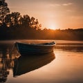 AI generated illustration of a wooden boat in a lake at golden hour Royalty Free Stock Photo