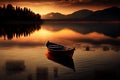 AI generated illustration of a wooden boat on a lake and mountains during the sunset Royalty Free Stock Photo