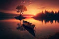 AI generated illustration of a wooden boat on a lake and mountains during the sunset Royalty Free Stock Photo