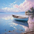 AI generated illustration of a wooden boat in a lake at pink sunset Royalty Free Stock Photo