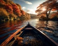 AI generated illustration of a wooden boat sailing in a lake in autumn Royalty Free Stock Photo