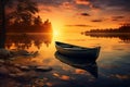 AI generated illustration of a wooden boat in a tranquil lake at golden sunset Royalty Free Stock Photo