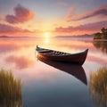 AI generated illustration of a wooden boat in a tranquil lake at sunset Royalty Free Stock Photo