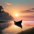 AI generated illustration of a wooden boat in a tranquil lake at sunset Royalty Free Stock Photo