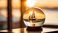 AI generated illustration of A wooden boat trapped in a glass sphere Royalty Free Stock Photo