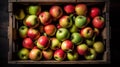 AI generated illustration of a wooden box containing a variety of red and green apples Royalty Free Stock Photo