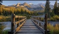 AI-generated illustration of a wooden bridge over a mountain stream at sunset Royalty Free Stock Photo